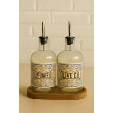aklow akyoleticaret 2'li Ahşap Stantlı Tıpalı 750 ml Cam Ayçiçek Yağı ve Zeytinyağı Şişesi Yağdanlık Vintage Retro
