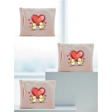 aklow akyoleticaret 20X25 cm Kalp ve Civciv Baskılı 3'lü Makyaj Çantası LH9873240235235234123