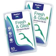 aklow akyoleticaret Fresh & Gliss Kürdanlı Diş Ipi 2'li Paket (100 Adet), Nane Aromalı, Plastik Kutulu ve Taşıma Kılıflı