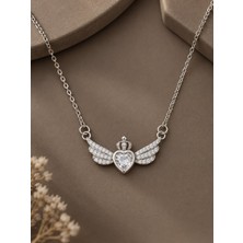 Serelya 316L Çelik Silver Renk Zirkon Taşlı Kalpli Kanat Kolye