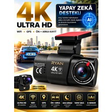 Bagajon Ryan Yapay Zeka Destekli 4K Ön 1080P Arka Araç Kamerası – Wifi Gps, Gece Görüşü, G-Sensor, Park Kiti Hediye
