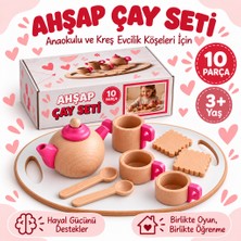 Oyuncak Fabrikası Tepsili Ahşap Çay Seti 10 Parça Anaokulu Kreş Evcilik ve Mutfak Oyuncak Seti