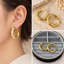 Fm 💎 Premium Parlak ve Şık Gold Renk Dokulu Bombeli Küçük Boy 316L Çelik Halka Kadın Küpe