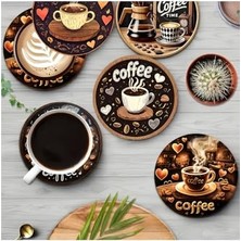 aklow akyoleticaret Kalpli Kahve Temalı Mdf Bardak Altlığı, 6'lı, 10 Cm, BRD-043