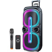 Şanal Coverzone Çekçekli Bluetooth Hoparlör Rgb LED Işıklı 40W Kablosuz Bluetooth Aux Tf Kart USB 10''*2 Subwoofer Boombox 1x Mikrofon Kumanda Boombox D-2101