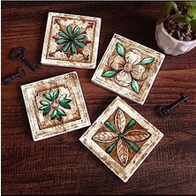 aklow akyoleticaret Bardak; Fas Desenli Vintage Taş Altlığı Seti, 4 Parça, Dekoratif, Rustik Mutfak Aksesuarı, 10X10 Cm, Kaydırmaz Tabanlı, ve Dayanıklı SC145