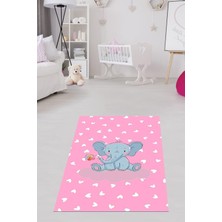 Şanal Pelangi Filli Çiçekli Kalpli Dijital Baskı Yıkanabilir Kaymaz Taban Fil Desenli Bebek Odası Halısı, Koyu Pembe-Gri 80 x 250