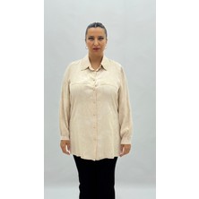 AlanyaXXL Büyük Beden Düğmeli İnci Detaylı Uzun Kol Oversize Kadın Gömlek