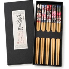 aklow akyoleticaret 5 Çift Japon Tarzı Ahşap Yemek Çubuğu Seti Kaymaz Uçlu Kedi Desenli Kutulu Chopstik Seti