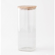 Şanal Promosyonca Borosilikat Kare Cam Saklama Kavanozu, Bambu Kapaklı Vakumlu Erzak Kavanozu, Çizgili Cam Kavanoz, 10 x 25 Cm, Makarna, Bakliyat, Kahve ve Kuruyemiş Için