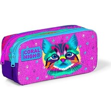 aklow akyoleticaret Kids Iki Bölmeli Kız Çocuk Mor Kedi Kalem Çantası Kalemlik