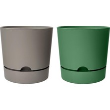 Begonya Saksı Tabaklı Drenajlı Mat Plastik Çiçek Saksısı (2 Adet, 3,3 Litre, 18CM, Bej&yeşil