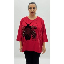 AlanyaXXL Büyük Beden Viskon Taşlı İnci Detaylı Kanguru Cepli Kapri Kol Oversize Kadın Sweat