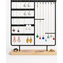 Şanal Onomo Takı Organizeri, Takı Standı Metal Stand ve Ahşap Taban, 35X30X9.5 Cm, Küpe Kolye Yüzük Düzenleyici, Siyah