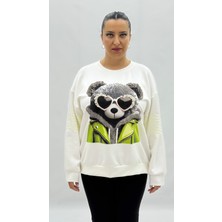 AlanyaXXL Büyük Beden Ayıcık Grafikli Taşlı İnci Detaylı Uzun Kollu Oversize Kadın Sweat