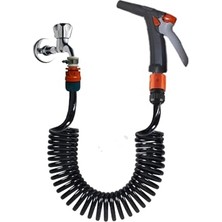 aklow akyoleticaret 5 Metre Spiral Veranda ve Balkon Yıkama Seti, Kelepçe Adaptörlü, Fıskiye Başlıklı, Siyah Inci