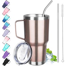 30OZ Saplı Bardak, Paslanmaz Çelik Yalıtımlı Kapaklı ve Pipetli Bardak, Çift Duvarlı Vakum Y