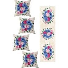 aklow akyoleticaret Bej Mavi Güllü Çiçek Buketi Masa Değişik Renkli Modelleri Dekoratif 4'lü Kırlent Kılıfı Runner Seti, Pembe-Mavi-Bej 40 x 140