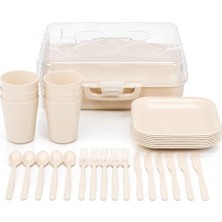 aklow akyoleticaret Piev Urve 6 Kişilik Piknik Seti, Kilitli Taşıma Kutulu Piknik Servis Seti, Tabak, Bardak, Çatal, Kaşık ve Bıçak Seti, Kamp, Karavan, Bahçe, Plaj ve Seyahat Için