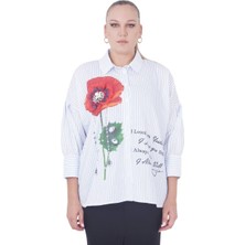 AlanyaXXL Büyük Beden Çiçek Motifli Slogan Yazılı Çizgili Gömlek