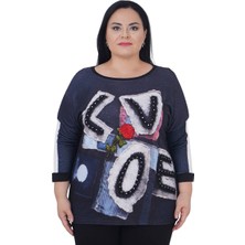 AlanyaXXL Büyük Beden Çiçek Nakışlı Love Nakışlı Kışlık Oversize Bluz