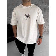 Tarz Yeri Erkek Kısa Kol Tişört Bisiklet Yaka Örümcek Baskılı Oversize T-Shirt - Beyaz