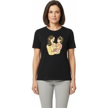 Tarz Yeri Anneler Günü Hediye Anne Kız Temalı Baskılı Oversize Bisiklet Yaka T-Shirt - Siyah