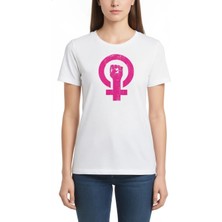 Tarz Yeri 8 Mart Dünya Kadınlar Günü Baskılı Oversize Bisiklet Yaka T-Shirt - Beyaz
