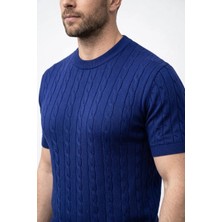 Tarz Yeri Erkek Yazlık Triko Dokuma Tişört Kısa Kol Bisiklet Yaka Örgü Desenli T-Shirt - Lacivert