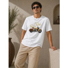 Tarz Yeri Erkek Motosiklet Baskılı Tişört Bisiklet Yaka Kısa Kol Yazlık T-Shirt - Beyaz