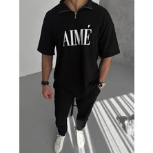 Tarz Yeri Erkek Tişört Yakalı Yarım Fermuarlı  kısa Kol Baskılı T-Shirt - Siyah