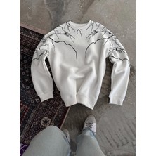 Tarz Yeri Erkek Yıldırım Baskılı Bisiklet Yaka 3 Iplik Pamuklu Sweatshirt - Beyaz