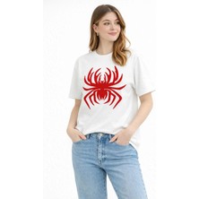 Tarz Yeri Kadın Örümcek Baskılı Tişört Kısa Kollu Bisiklet Yaka T-Shirt - Beyaz