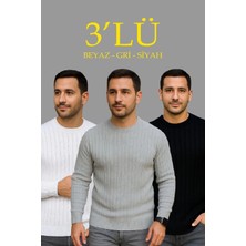 Tarz Yeri Erkek Fitilli Triko Bisiklet Yaka Kalın Kazak 3'lü Set Beyaz-Gri-Siyah