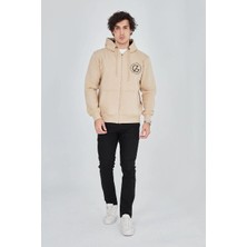 Tarz Yeri Erkek 3 Iplik Pamuklu Fermuarlı Kapüşonlu Kanguru Cepli Baskılı Hoodie Hırka Sweatshirt - Bej