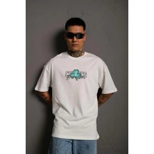 Erkek Kısa Kol Yazlık Tişört Bisiklet Yaka Baskılı Oversize T-Shirt - Beyaz