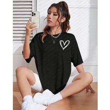 Tarz Yeri Kadın Tişört Bisiklet Yaka Baskılı Oversize T-Shirt - Siyah