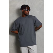 Tarz Yeri Erkek Düz Yazlık Kısa Kol Tişört Bisiklet Yaka Oversize T-Shirt - Füme