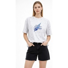 Kadın Asit Yıkamalı Oversize Tişört Bisiklet Yaka Kısa Kol T-Shirt - Beyaz