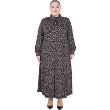 AlanyaXXL Büyük Beden Leopar Desenli Taş ve Tül Detaylı Kollu Oversize Uzun Viskon Elbise