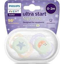 aklow akyoleticaret Philips Ultra Start Nighttime Emzik; 0-2 Ay, Ortodontik, 2'li Set, Fosforlu, Yeşil-Mavi