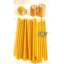 Şanal Petekoğlu (50 Adet) Balmumu Mum ve (3 Adet) Özel Dizayn Ahşap Silindir Mumluk Dilek Mumu Doğal Petek Mum Beeswax Candle Sarı