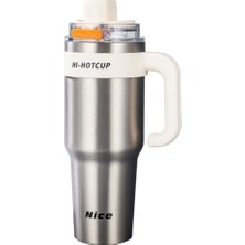 aklow akyoleticaret 42 Oz 6 Katman Paslanmaz Çelik Pipetli Termos Mug, 1250 Ml, Gümüş