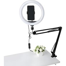 aklow akyoleticaret Telefon Tutucu, 360° Ayarlı, Canlı Yayın – Video – Zoom – Makyaj Işığı, 10 Inç Ring Light Masaüstü Kelepçeli Kol | 3 Işık Modu, 10 Parlaklık Seviyesi, USB Güçlü LED Canlı Yayın Işığı, Esnek