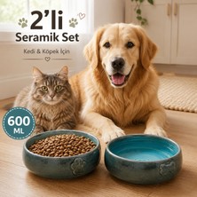 aklow akyoleticaret Seramik El Yapımı 2'li Kedi ve Köpek Mama ve Su Kabı Seti, 350 Ml, Stoneware, Yeşil