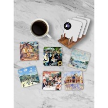 aklow akyoleticaret Bardak; (PSTER21252) Auguste Renoir Temalı Standlı Ahşap Altlığı Seti, 6 Adet Baskılı Bardak Fincan Kahve Altlığı