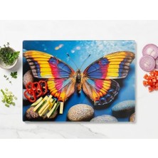aklow akyoleticaret Renkli Kelebek Desenli Cam Kesme Tahtası, Kaymaz Tabanlı, Isıya Dayanıklı, 25X35 cm