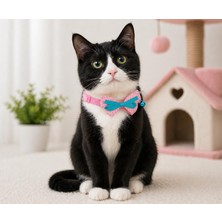 Şanal Vintage Puantiyeli Papyonlu Kedi Tasması, Özel Tasarım, Zilli, Pembe, 20-30 cm