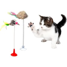 Şanal Kanji 2'li Vantuzlu Tüylü Fareli Kedi Oyuncağı Seti – Hareketli, Esneyen, Çanlı ve Etkileşimli Peluş Oyuncak