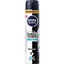 aklow akyoleticaret Black & White Invisible Fresh Erkek Sprey Deodorant, 48 Saat Anti-Perspirant Koruma, 200 ml